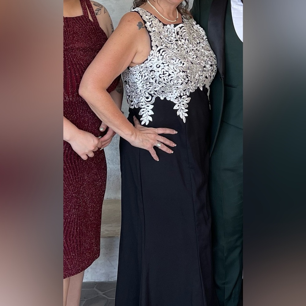Alex Evenings Black Gown with White Overlay and Crystal Accents